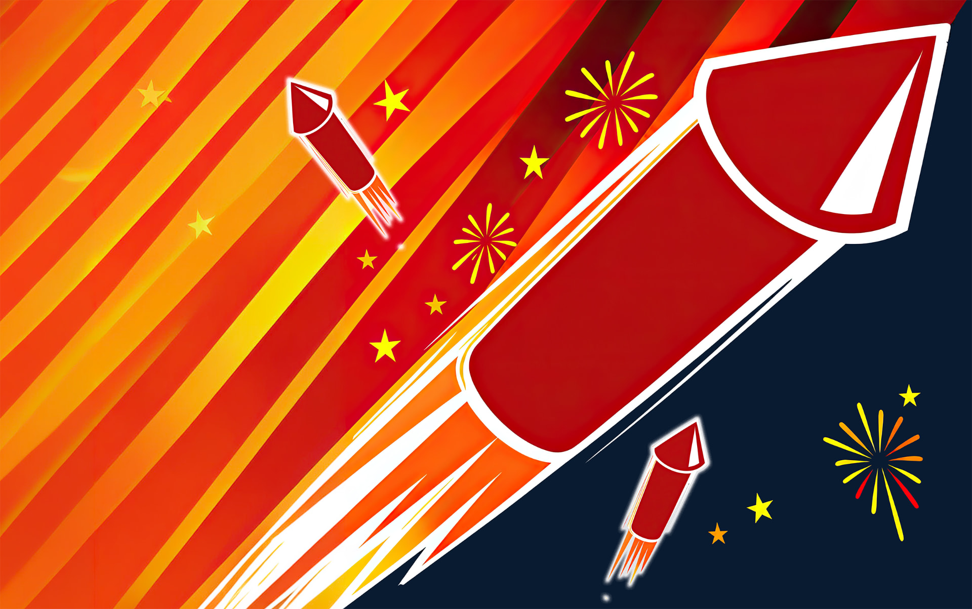 Firework rockets streaking across a red and orange striped sky